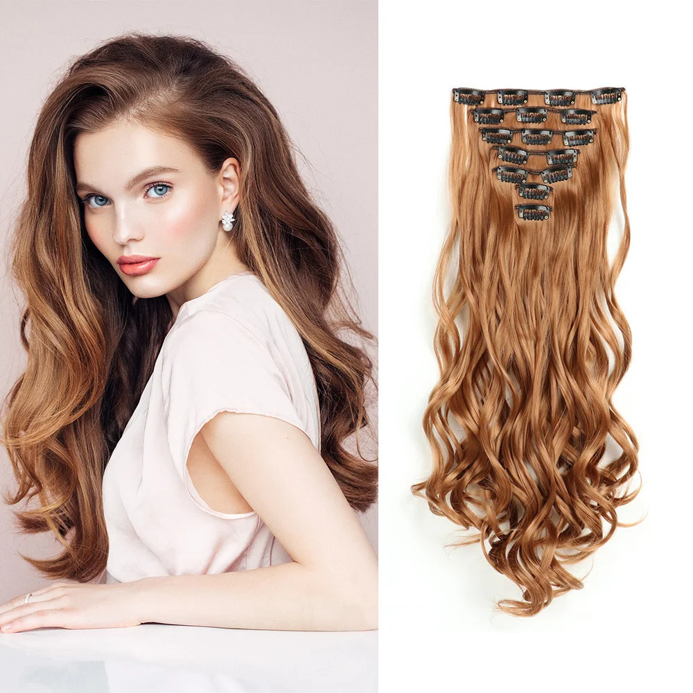 Curly Wavy Clip In Hair Extensions Full Head Synthetic Fake Hair Pieces For Girl