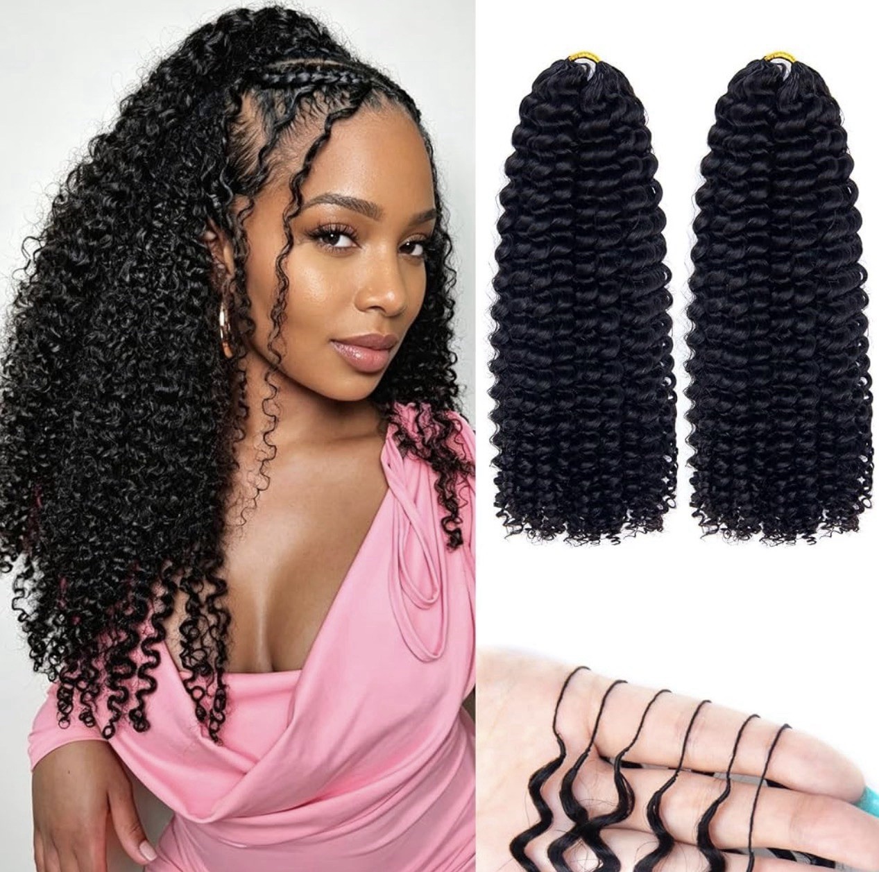 16″ Deep Curly Feather Crochet Hair Extensions with 2pcs Cap and hook Tool