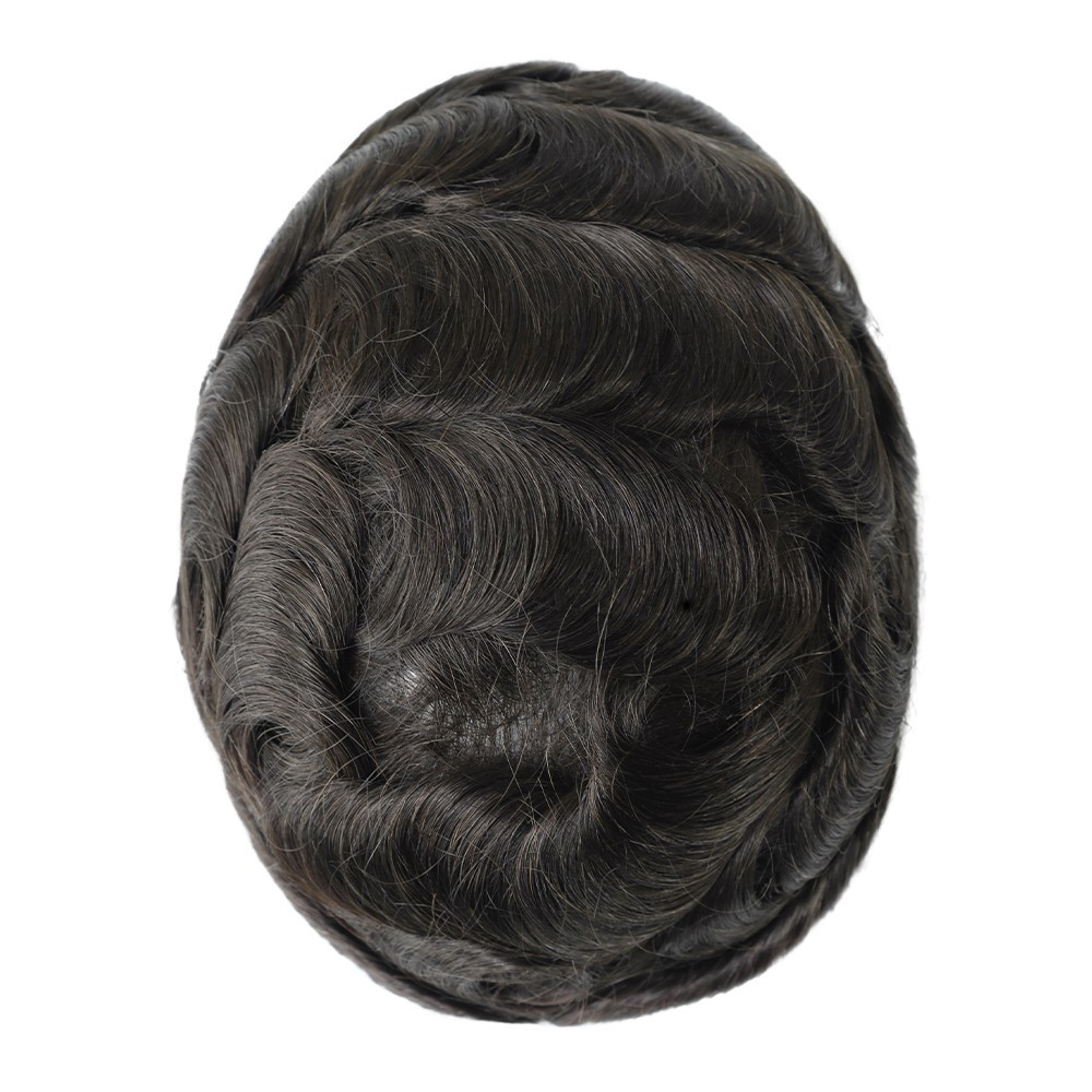 Mens Human Hair Replacement System Ultra Thin Skin Toupee Black Grey Hairpieces