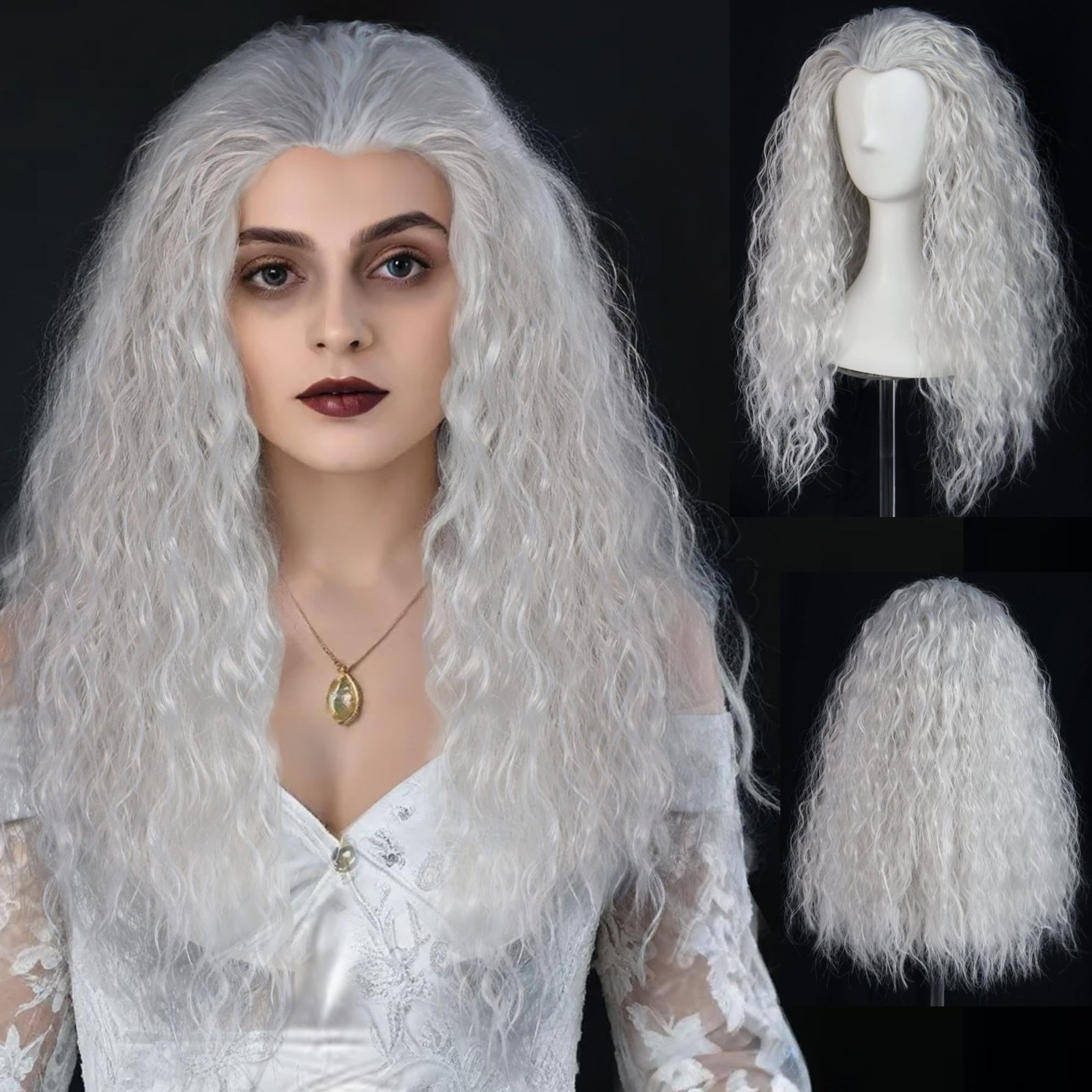 Hair Cap+ Long Grey Curly Wig Women Witch Wig Silver Outfit for Anime Cosplay…