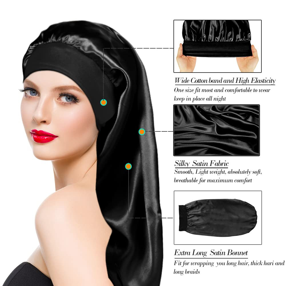 2 Pack Long Satin Sleep Bonnets for Curly Hair, Dreadlocks and Braids