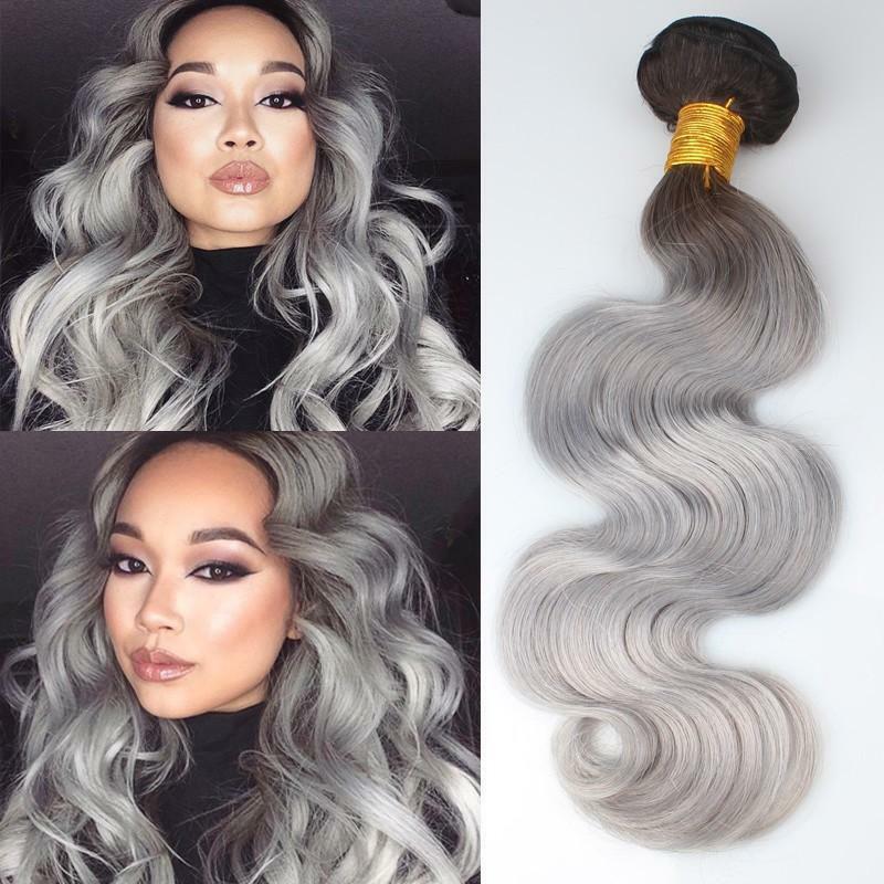 12AA BRAZILIAN VIRGIN HUMAN HAIR 1B#/GREY OMBRE ROOT BODY WAVES 1/2/3/5/5BUNDLES