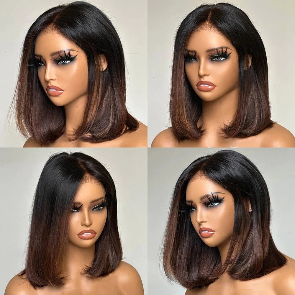 Ombre Brown Short Bob Wig Lace Front Human Hair Wigs for Women 13×4 Pre Plucked