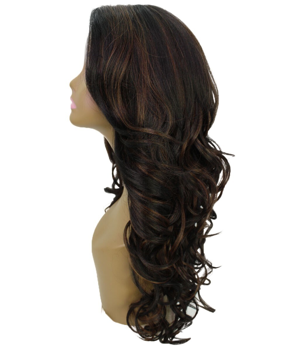 Wavy 24.5 in 13×2.5 Hand Tied Lace Front Wig, Brown with Caramel Highlights