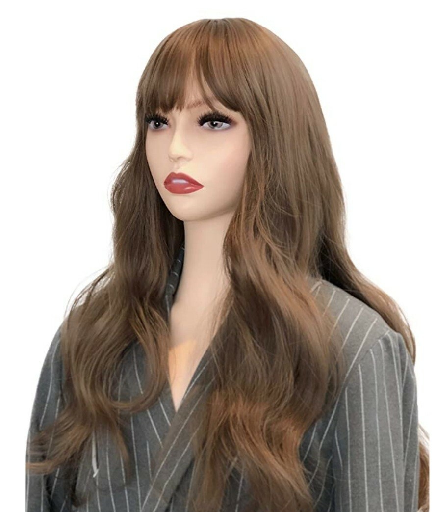Long Wavy honey brown Wig with Bangs
