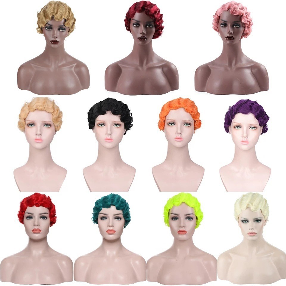 Women’s Short Finger Wave Wig Heat Resistant Synthetic Hair Retro Wavy Wig
