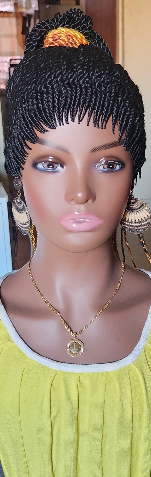 Fully hand braided Senegalese twist cornrows wig ponytail libre 1B/yellow