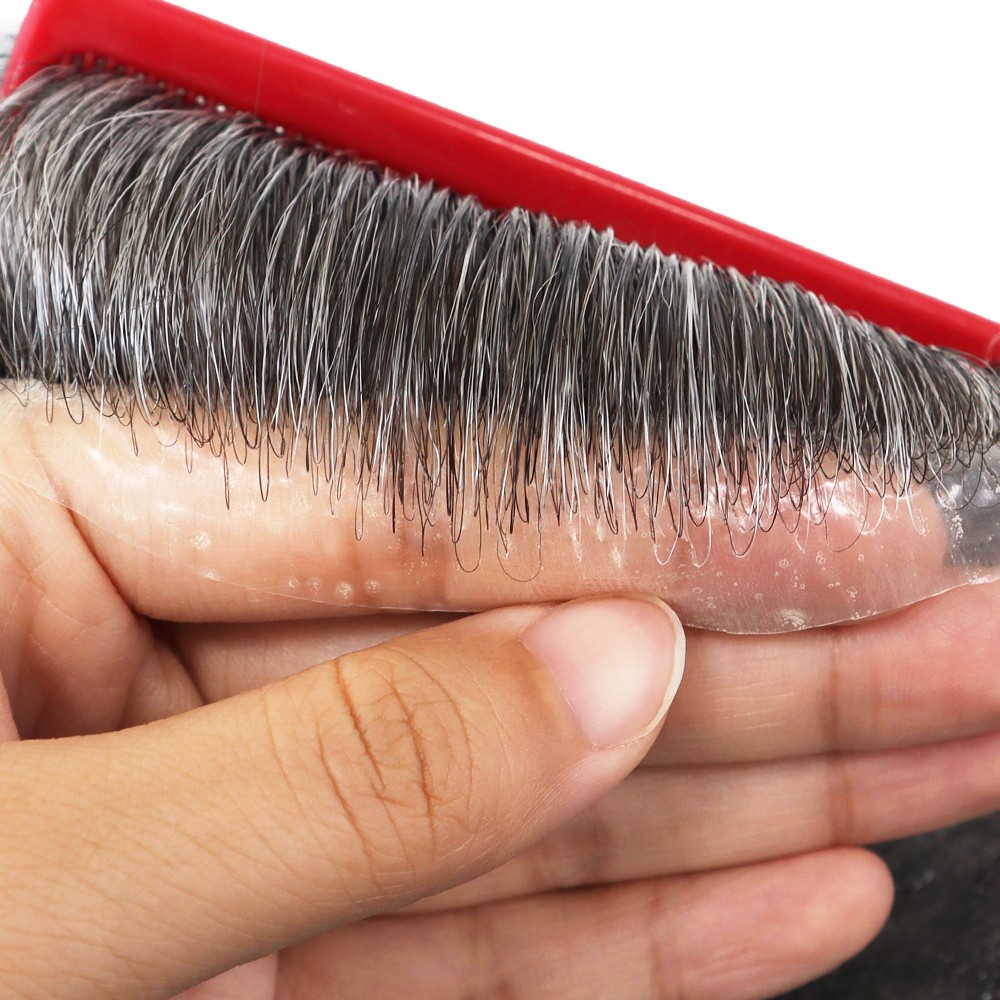 Mens Toupee Human Hair System 0.03 Ultra Thin Skin System Hair Pieces #1B50