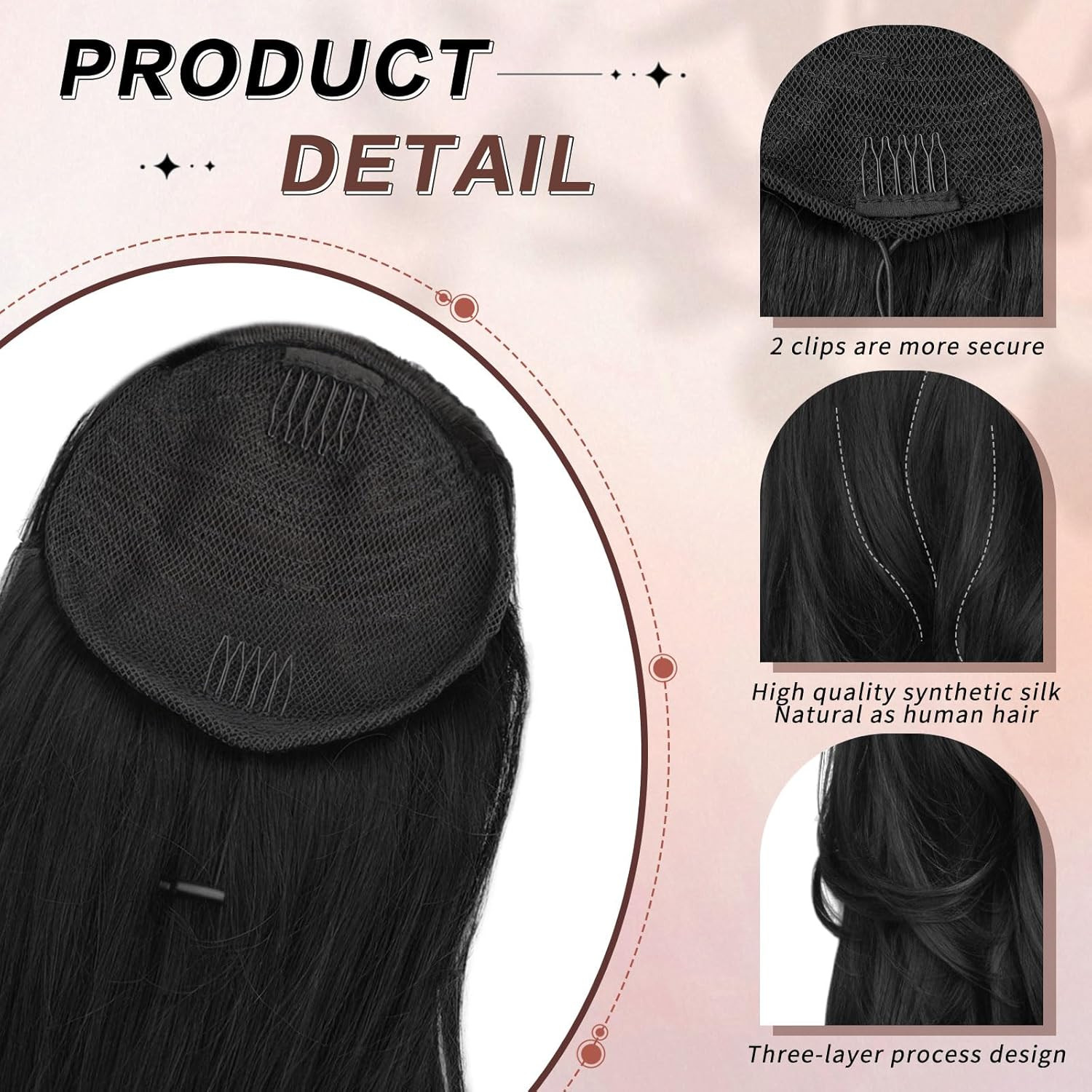 Ponytail Extension, 26 Inch Drawstring Ponytail Extension for Women Long Black W