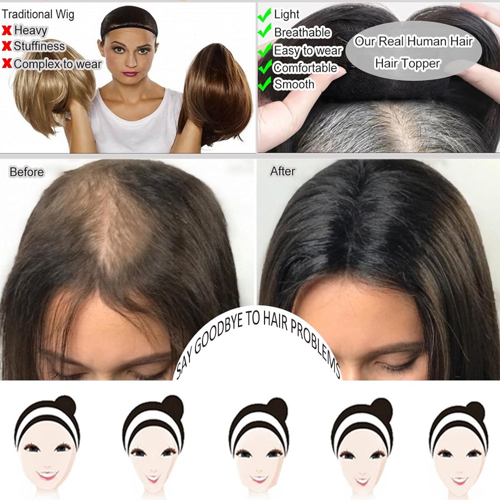 Clip In Remy Human Hair Topper Hairpiece Toupee Middle Part Silk Base For Women