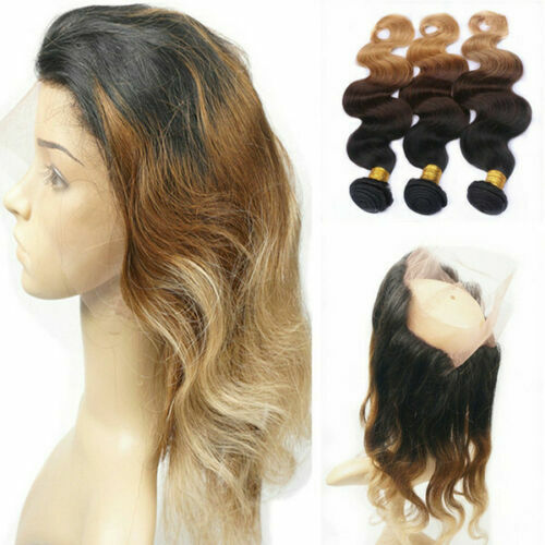 12AA 1B/4/27# 3TONES ROOT OMBRE BRAZILIAN VIRGIN HAIR 3BUNDLES+LACE 360 FRONTAL