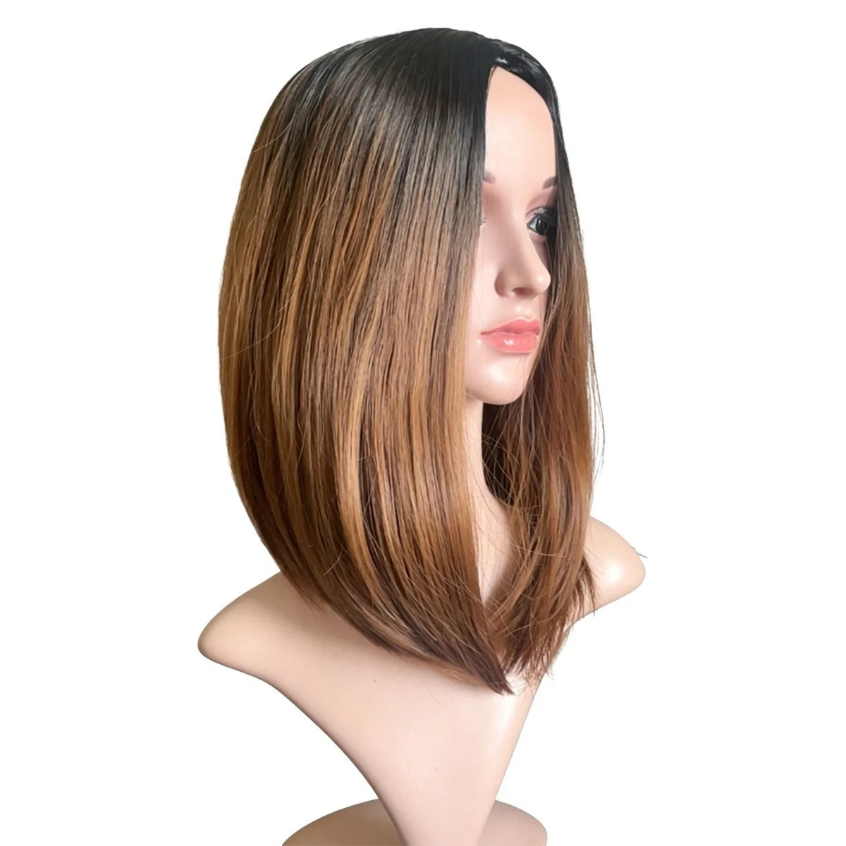 Black Root Ombre Brown Bob Wig, Middle Part Silky Straight Synthetic Wig for Lad