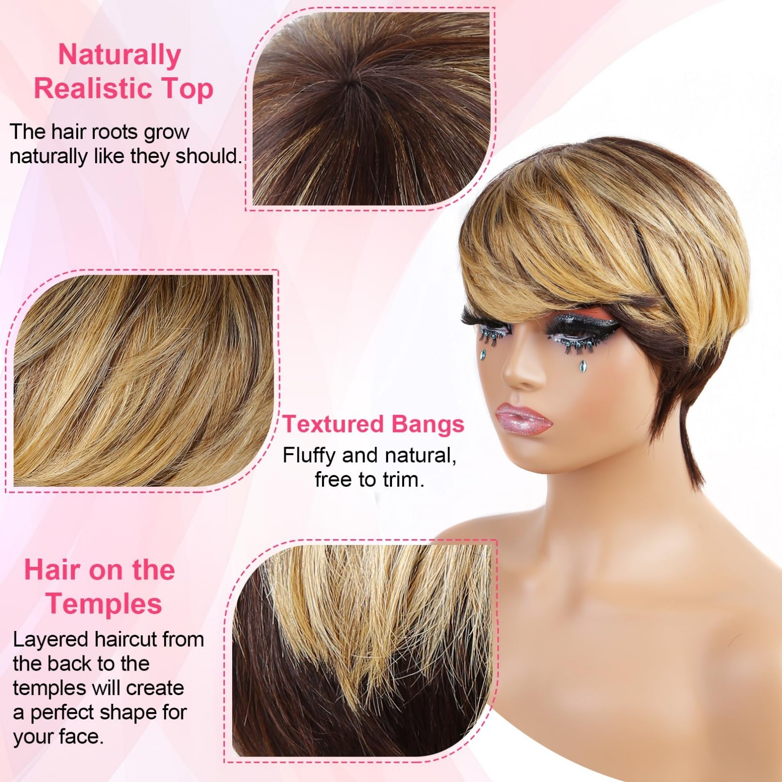 Ombre Pixie Cut Wig Human Hair Short Layered Wigs for Women, Bangs, Glueless, Ho