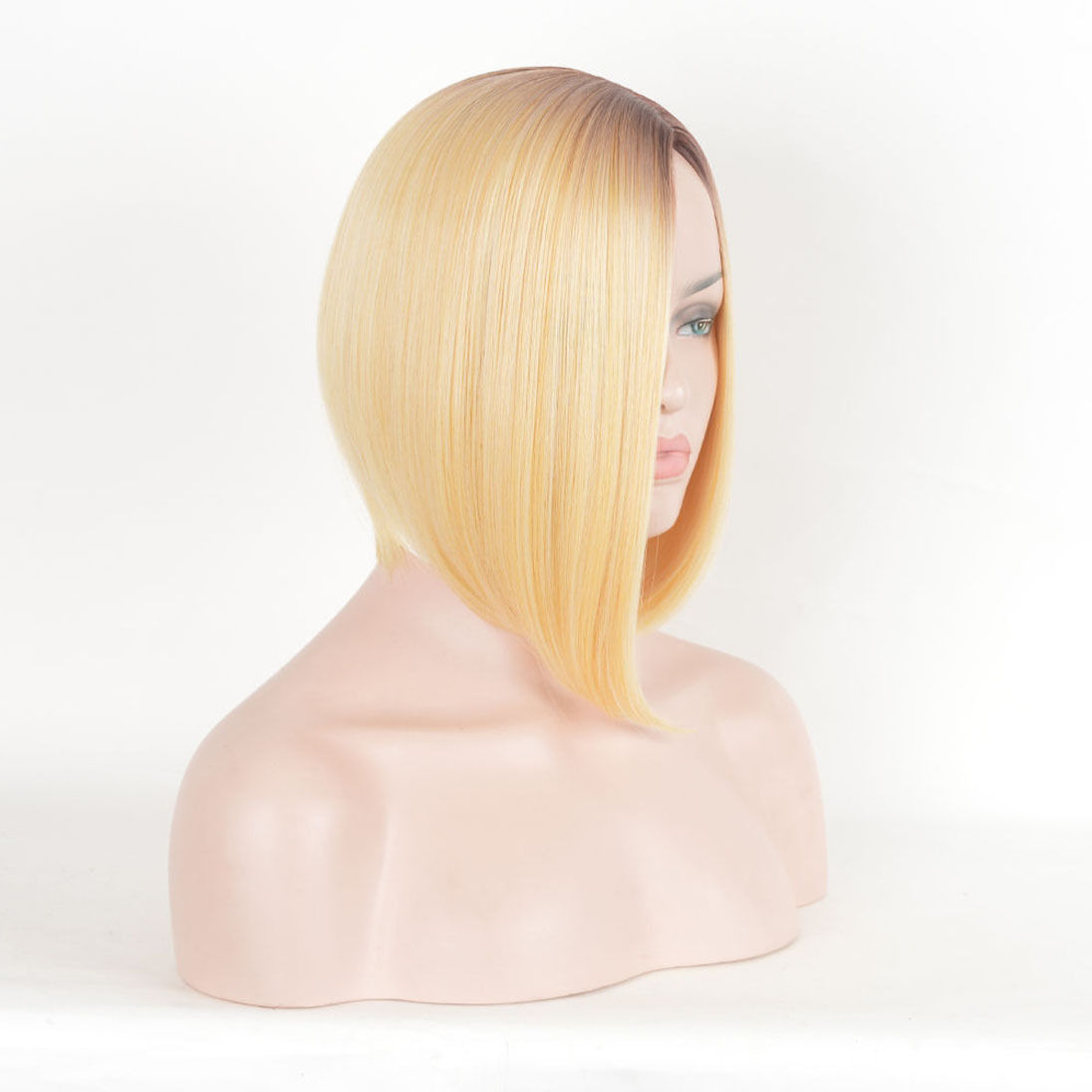 Blonde Straight Bob Style Hair Dark Root Ombre Synthetic Wigs Women Short Wig