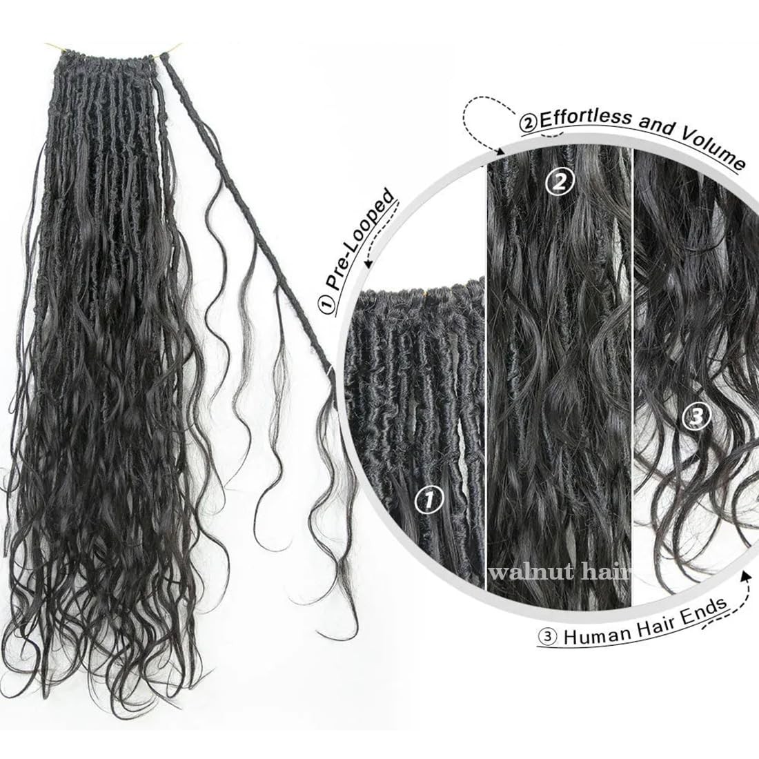 Walnut Hair Pre-Looped Crochet Boho Faux Locs Human Hair Curls Body Wave Human