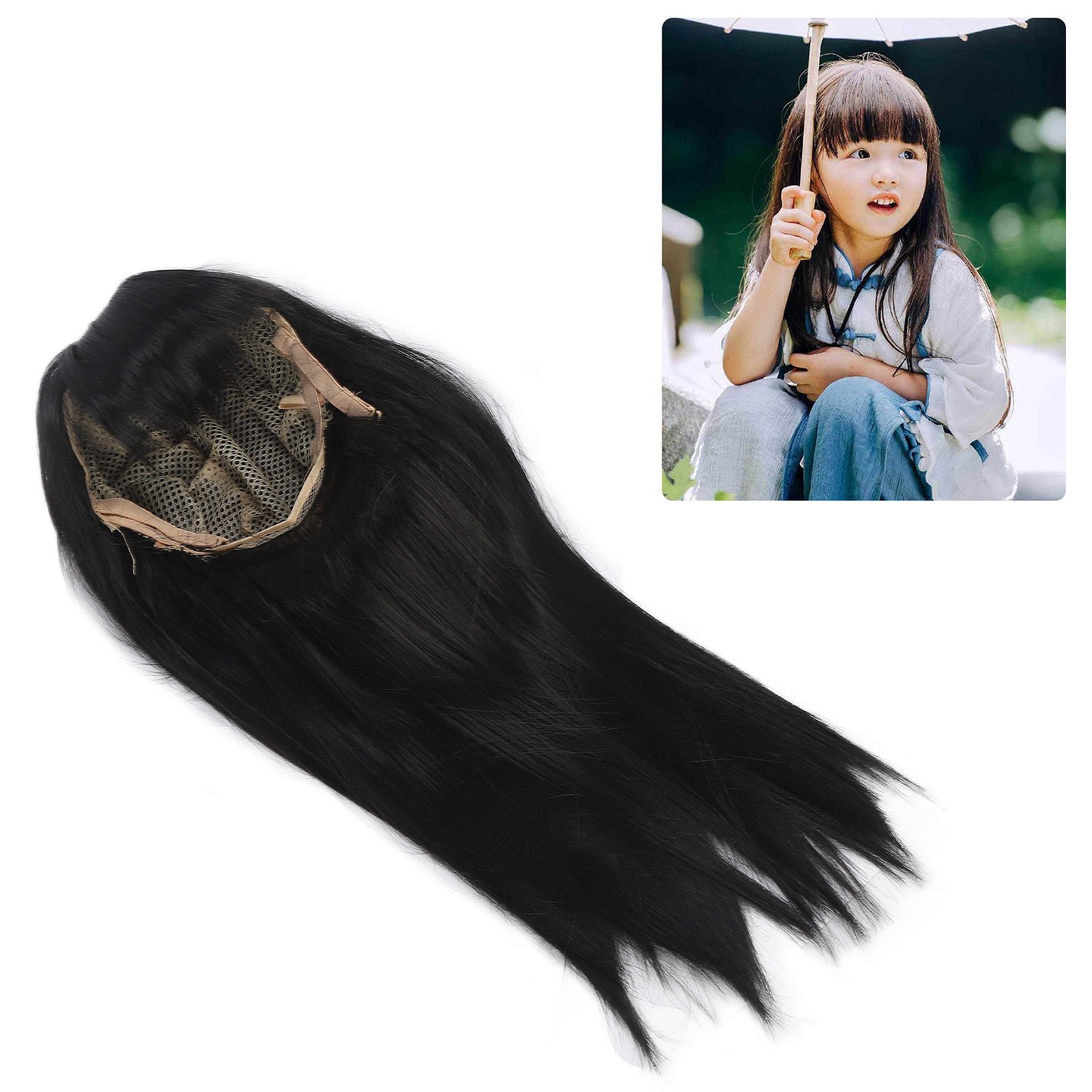 Children Wig Black Straight Hair Replacement For 3-8 Years Old Girls