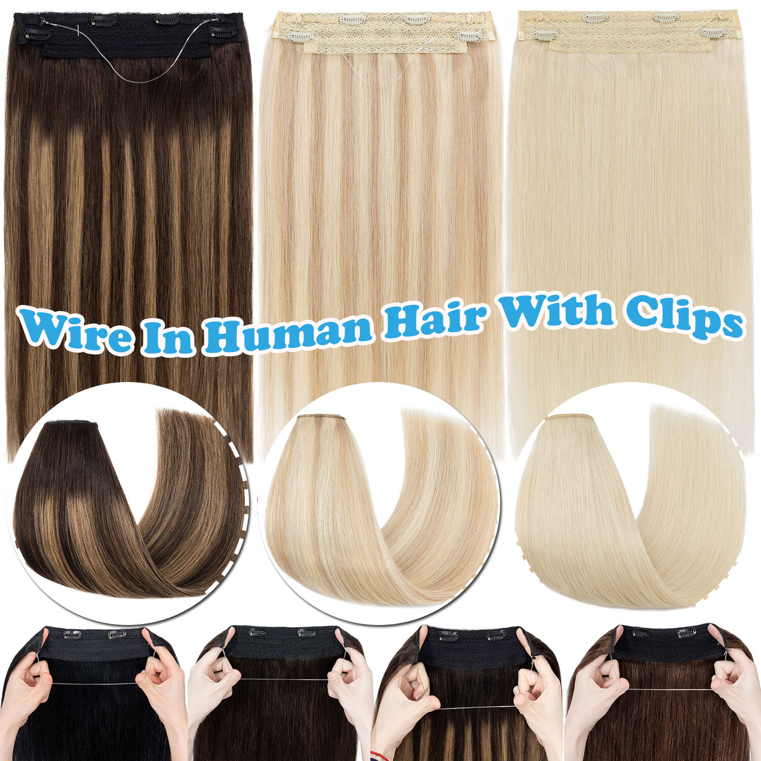 Secret Hidden Weft Wire In Remy Human Hair Extensions One Hair Piece CLIP LINE w