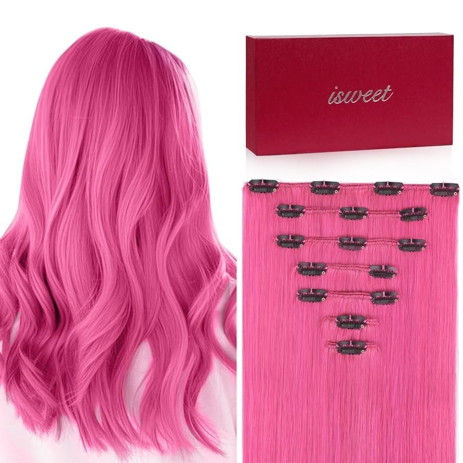 20″ 110g Pink Clip-In Hair Extensions, Real Remy Human Hair, Soft & Invisible, 7