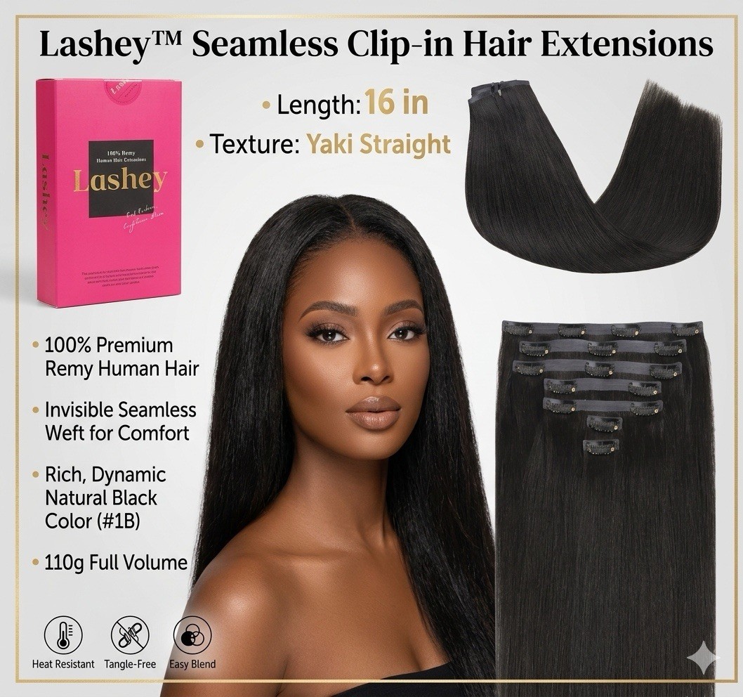 Lashey 16″ Seamless Clip-in Human Hair Extensions Yaki Straight Black #1B – NEW