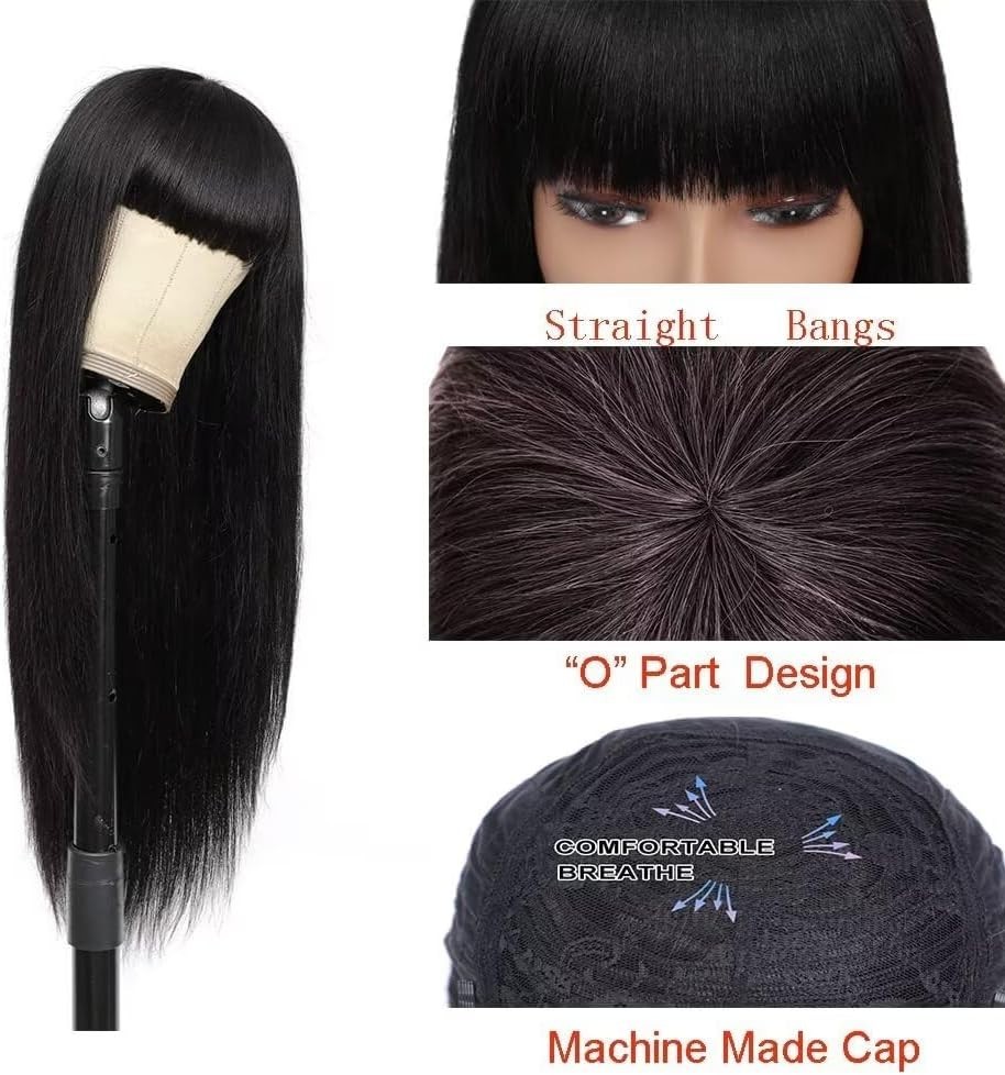 Black Wig with Bangs Long Straight Human Hair Wig for Women No Lace Front Wig
