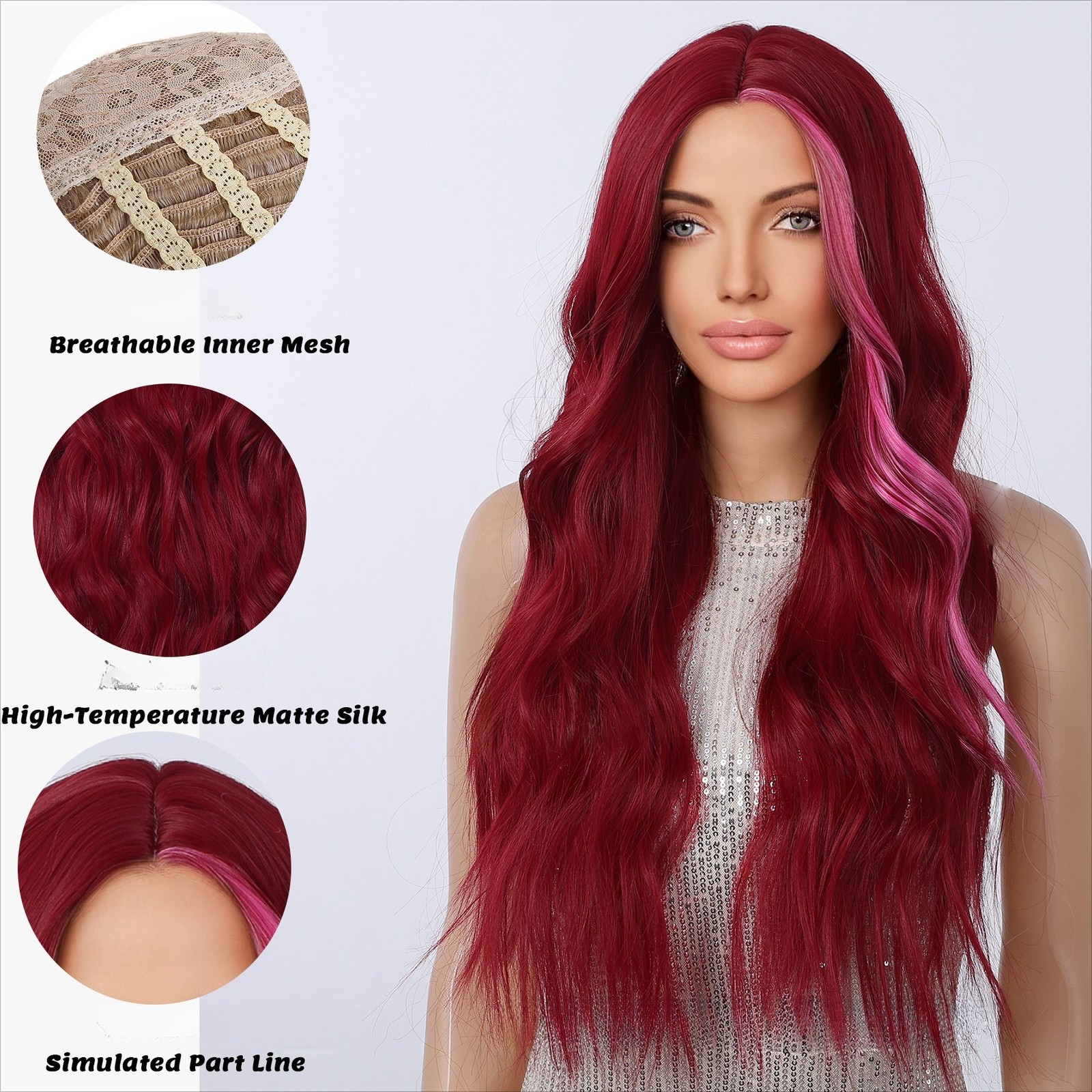 26″ Wine Red Pink Highlight Wig Long Wavy Synthetic Hair Wig for Women Middle