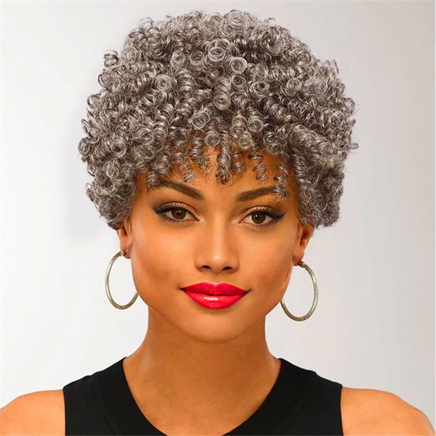 MIMAN Tight Curl Short Black Grey Afro Wig curly kink twist woman synthetic 10″
