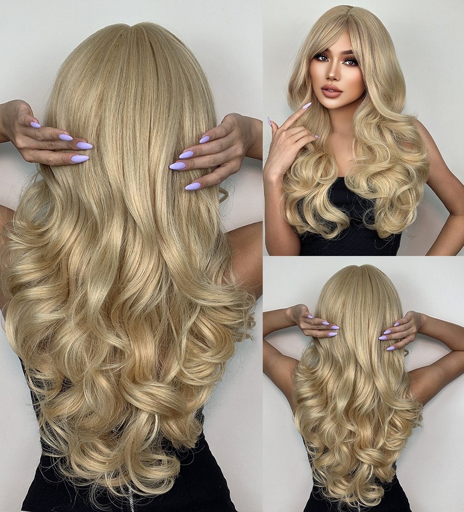 Cosplay Party Wig With Bangs Long Wavy Blonde Soft Halloween Synthetic Hair