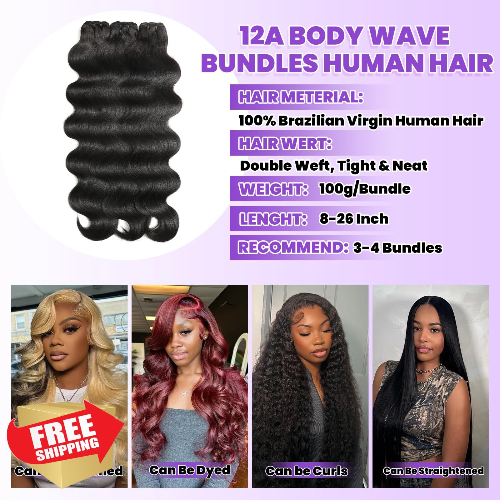 VKOFUN Body Wave Hair Bundles 22 24 26 28 Inch 4 Bundles