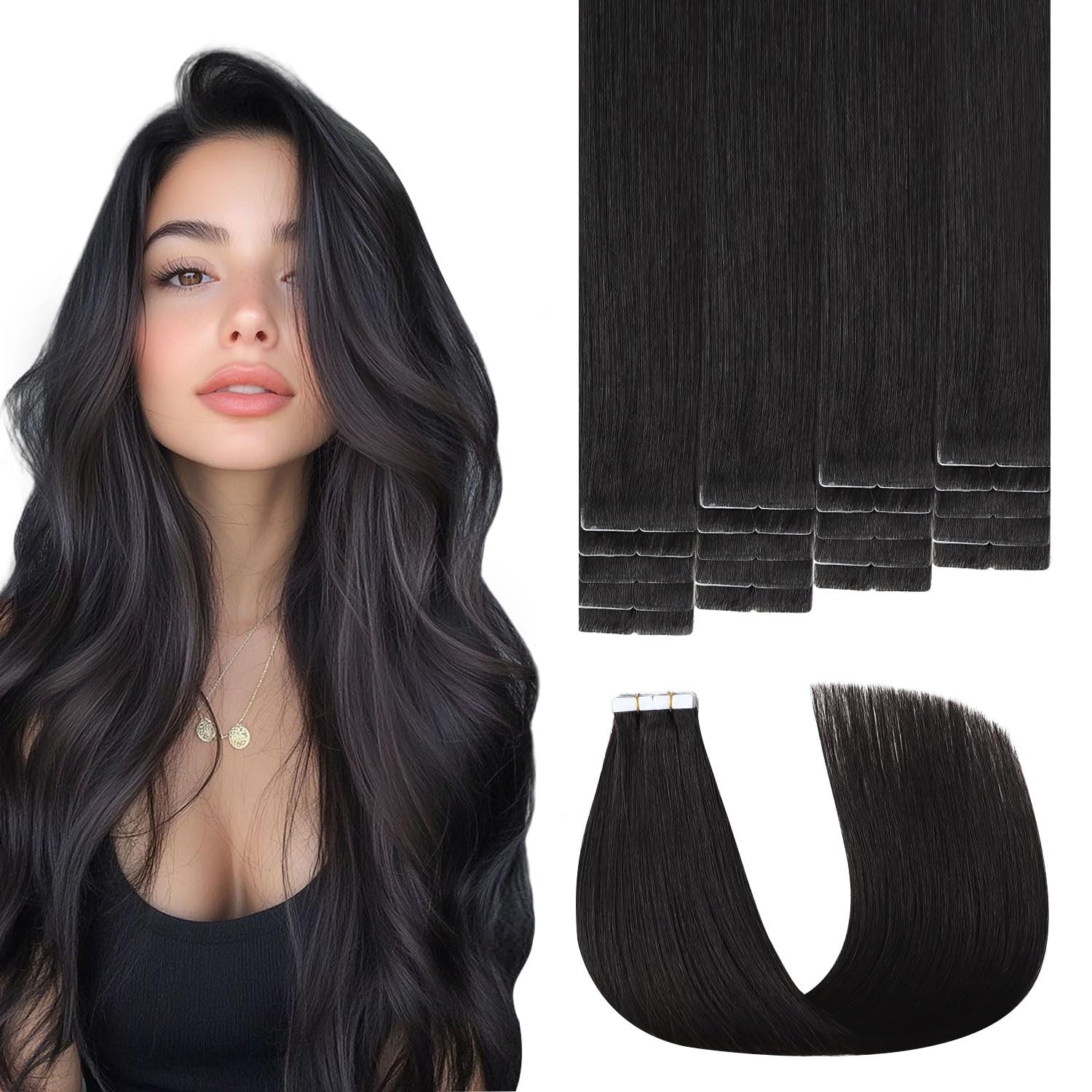 Sweetmet Invisible Tape in Hair Extensions Real Human Hair Pro3.0#1B Natural Bla