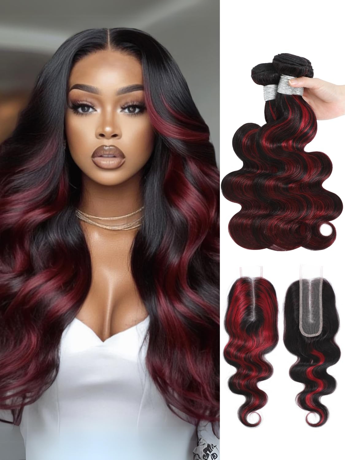 Auroo Burgundy Highlight 2X6 Hd Lace Closure Bundles Body Wave12A Thick Real