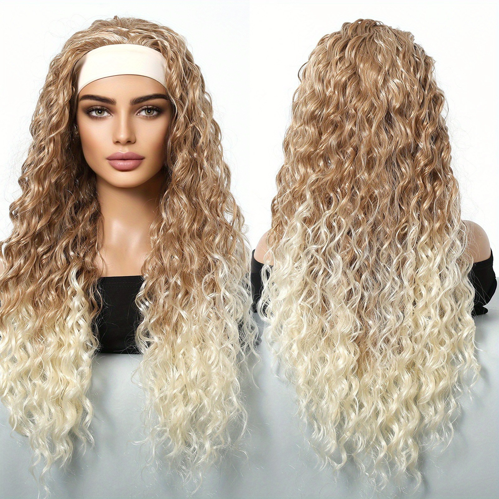 26″ Ombre Blonde Long Curly Headband Wig Synthetic Hair Costume Party Halloween