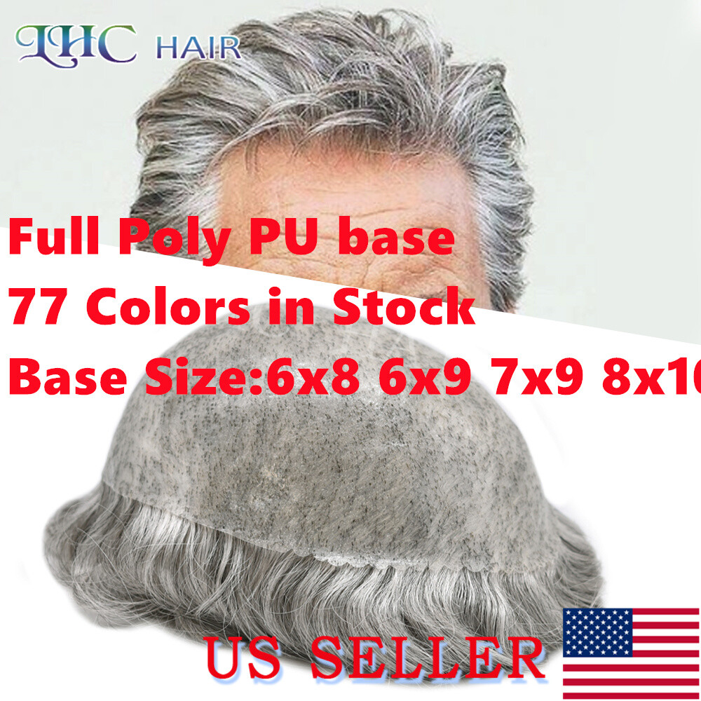Mens Toupee All Poly Skin PU Human Hair Piece Black Brown Grey Replacement Wigs