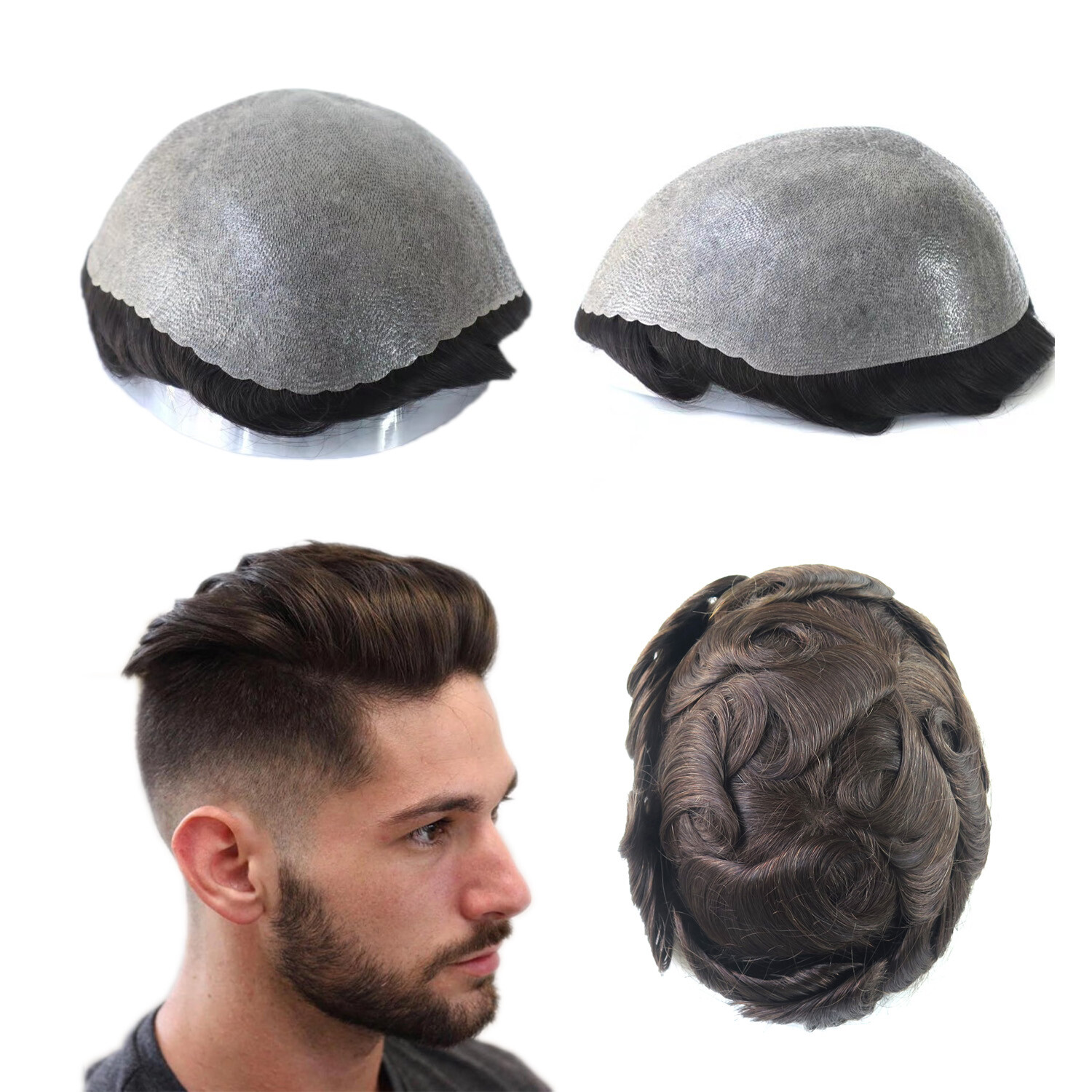 Mens Human Hair Replecement System Poly Skin Toupee V Looped Hair Pieces 8×10