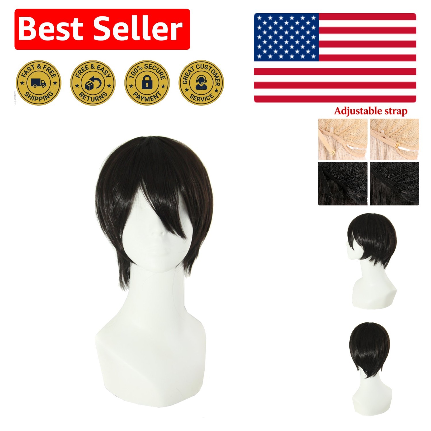 Fashionable 12 Inch Black Men’s Wig – Cosplay Essential with Adjustable Fit