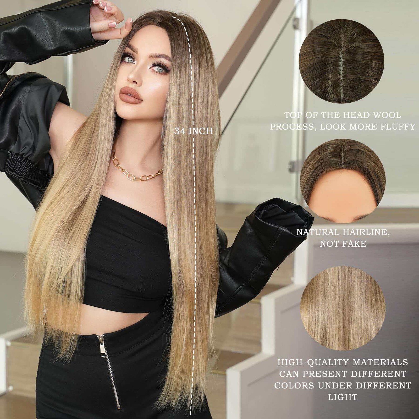 Long Brown to Gold Ombre Straight Wig for Women Heat Resistant Cosplay Party