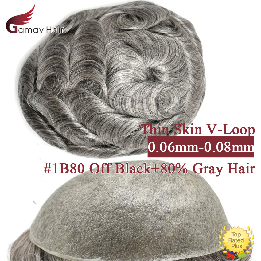 Thin Skin V-Loop Mens Toupee Hairpiece 0.06-0.08mm Poly PU Gray Hair Replacement