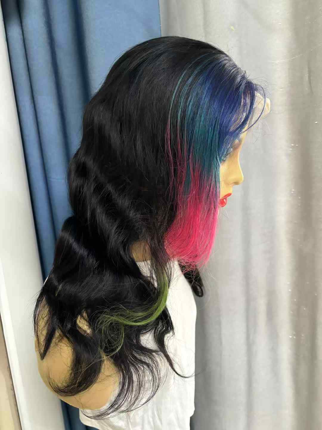 Long Wavy Black With Pink Blue Green Wig T Lace Front 100% Human Hair Wig Women