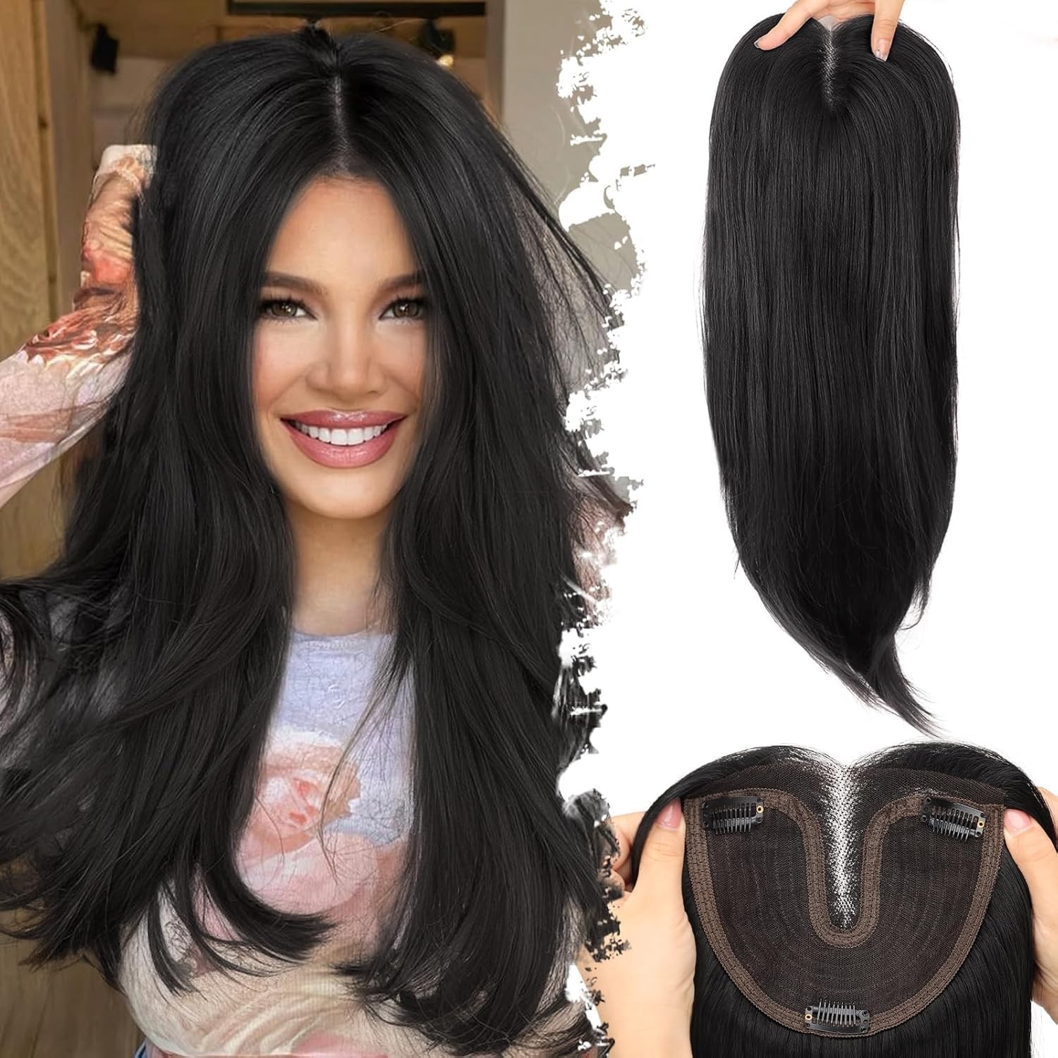 Black Long Layered Straight 25in Women Premium Hair Topper