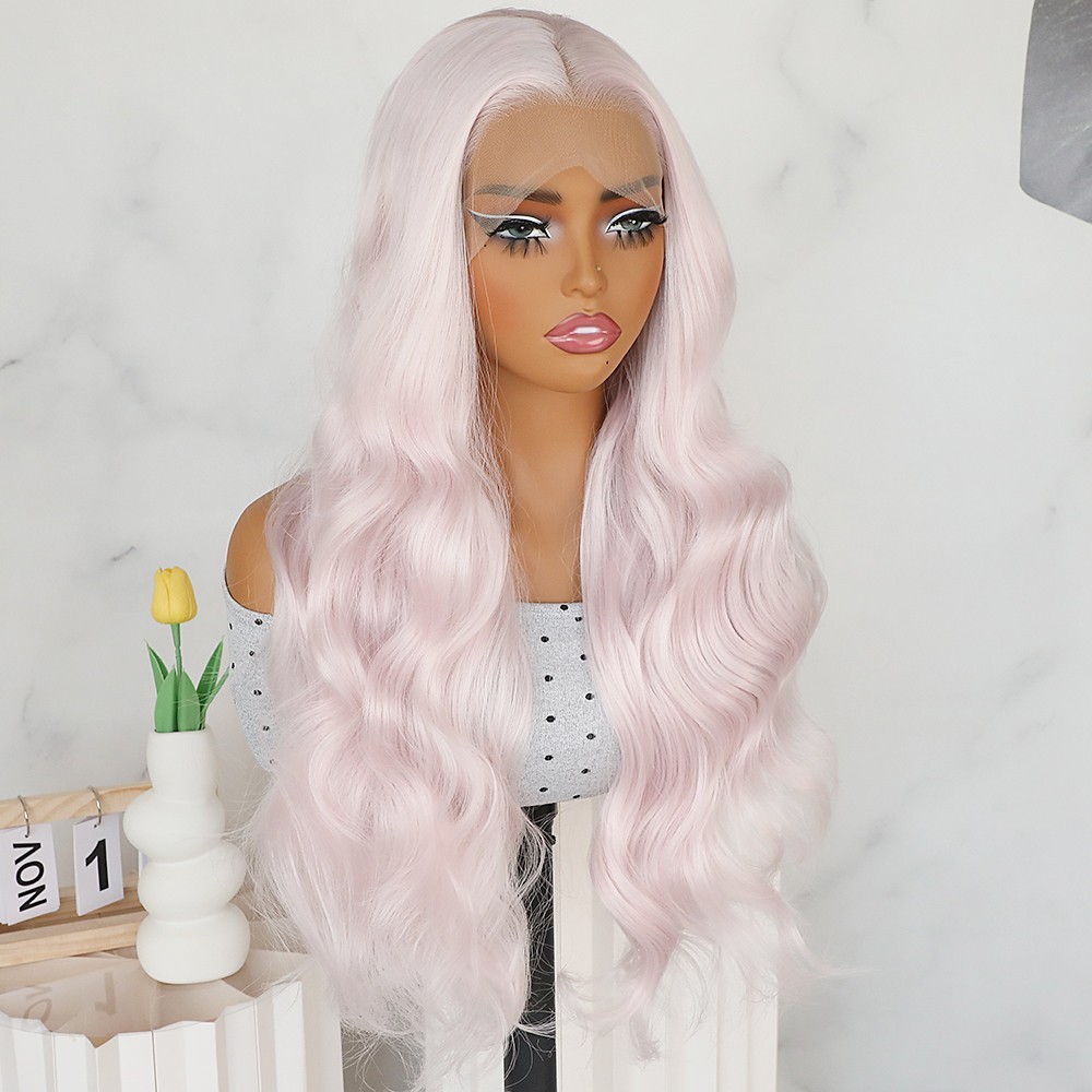 Light Pink Color Body Wave Long Glueless Lace Frontal Wigs Pre Plucked Hairline