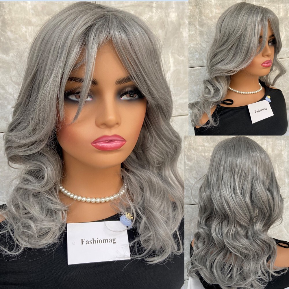Long Wavy Soft Human Hair Blend Heat Ok Wigs Women Grandma Gray Natural