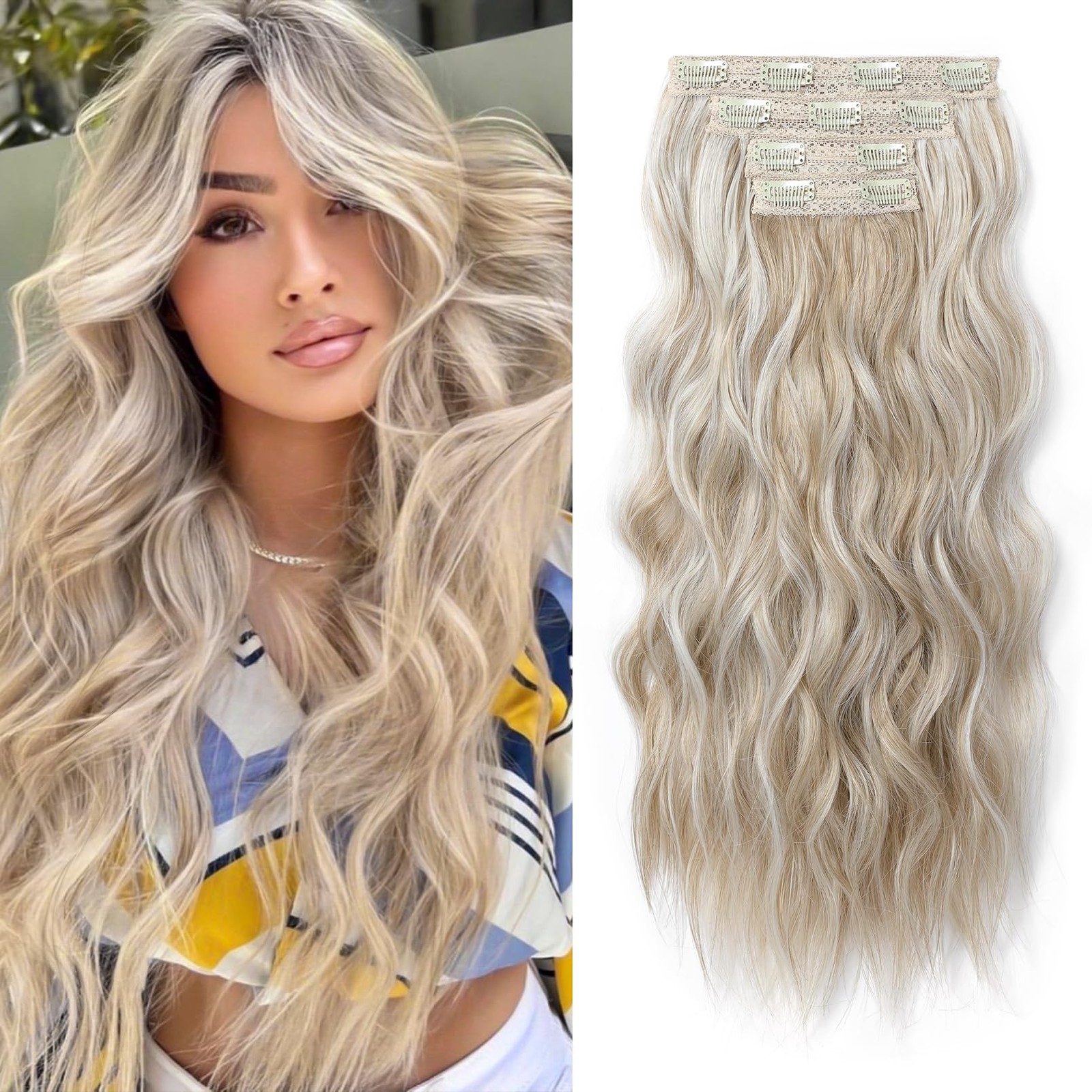 Clip in Hair Extensions, 4PCS Blonde Hair Extensions 24″ Thick Long Beach Wav…
