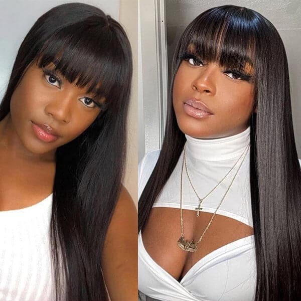 Human Hair with Bangs Straight Wig Machine Made Brazilian Virgin Human Hair Wig