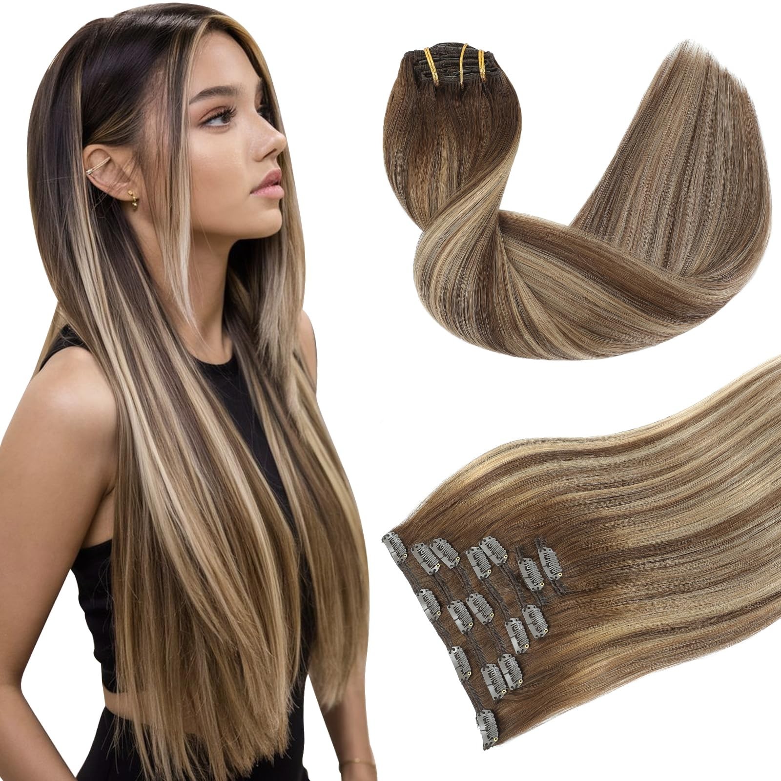 22″ Clip-In Human Hair Extensions, Balayage Chocolate & Caramel, Thick Ends, 120