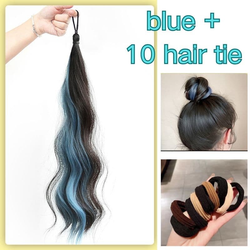Wavy Ponytail Hair Extension Elastic Tie Dye Braids with 10 PCS Rubber Hair Ties