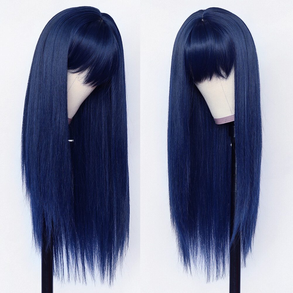 Women Full Neat Bangs Synthetic No Lace Wig Long Straight Heat Resistant Natural