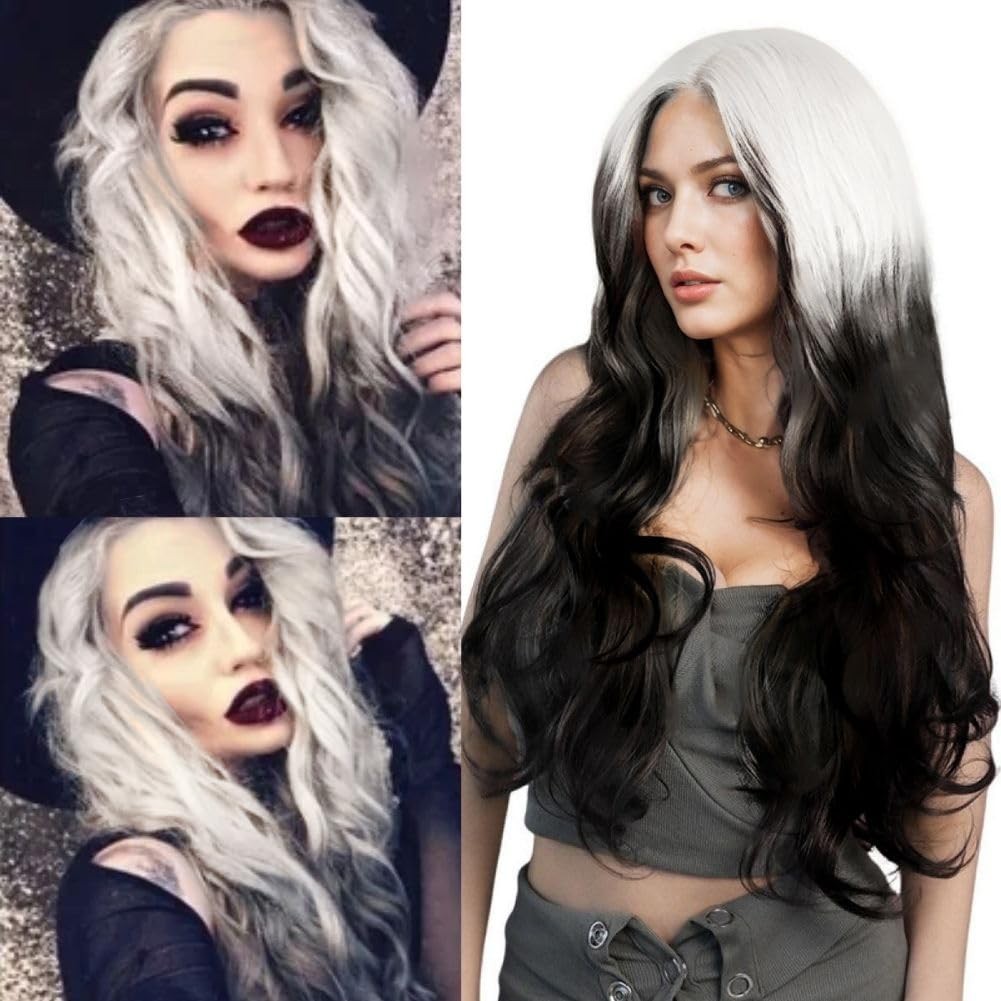 Siudus White To Black Cosplay Wigs For Women Long Curly Wavy Middle Party Hair