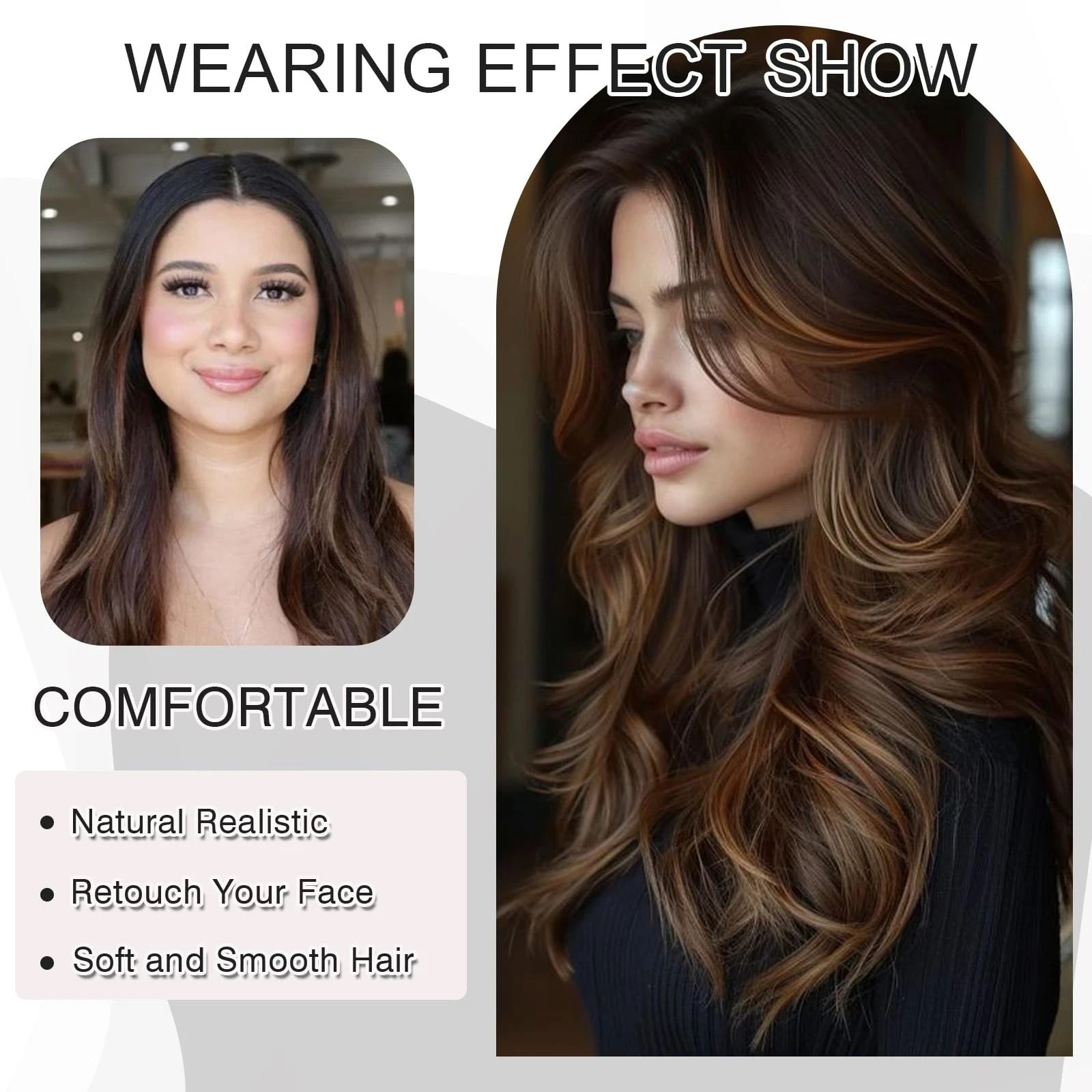 Ombre Brown Highlight Layered Wavy Wigs with Curtain Bangs for Black White Wo