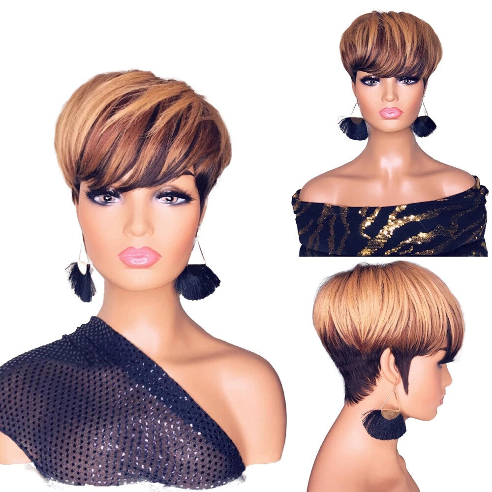 Short Straight Pixie Cut Real Human Hair Wigs Brown Blonde Mixed None Lace Wigs