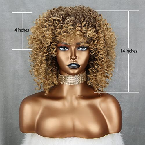 14 inch Blonde Curly Wigs 70s, Kinky Brown Mixd Blonde Afro Blonde Mixed Brown
