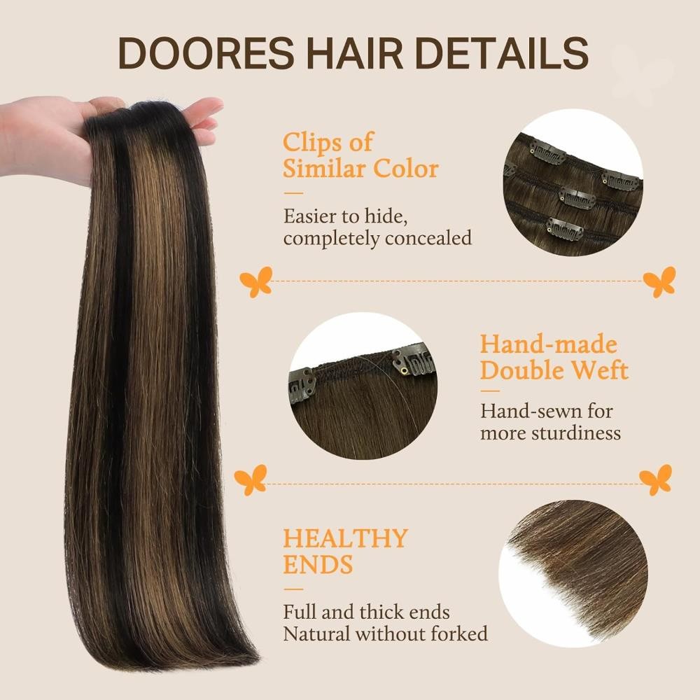DOORES Hair Extensions Clip in Real Natural Black to Chestnut Brown 120g 22 Inch